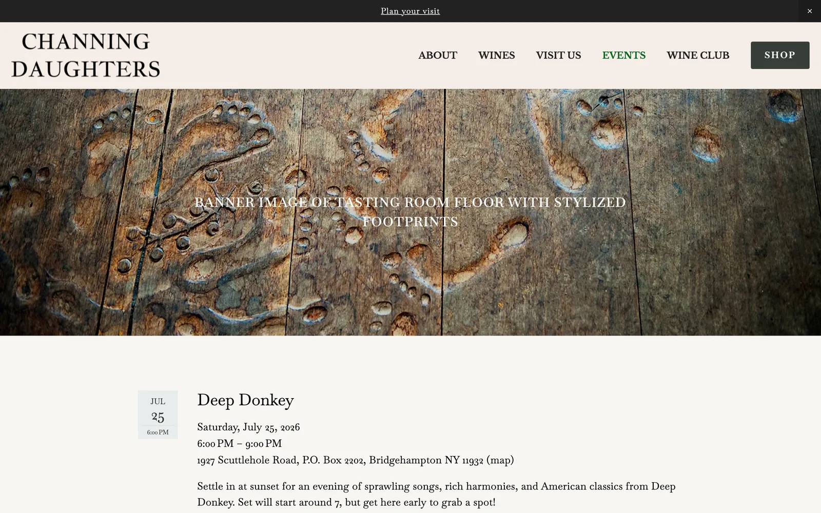 The Events page hero showing the placeholder headline BANNER IMAGE OF TASTING ROOM FLOOR WITH STYLIZED FOOTPRINTS.