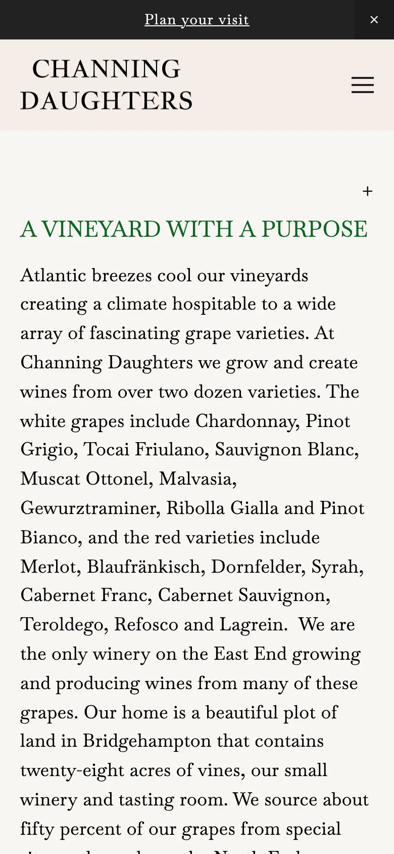 The homepage on a phone, opening with a paragraph about grape varieties.