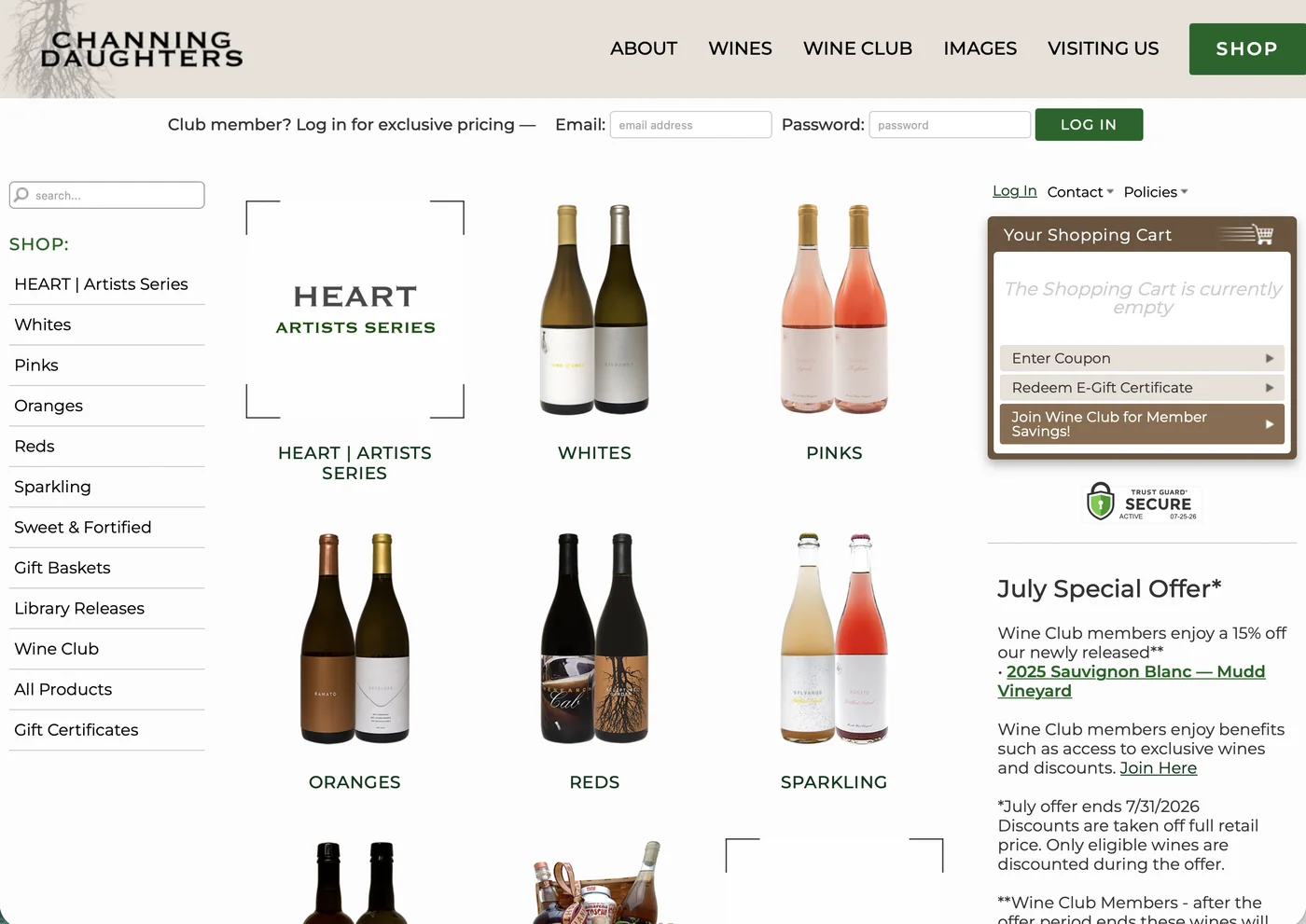The Nexternal storefront as a customer sees it, showing the wine categories.