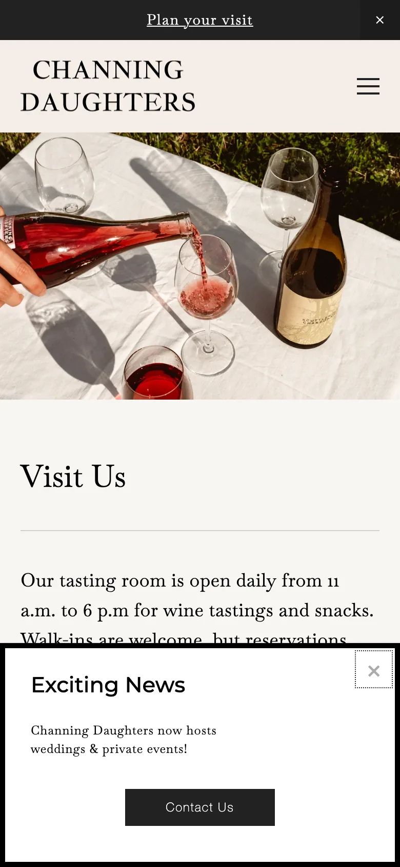 The visit page on a phone with a promotional overlay covering the hours.